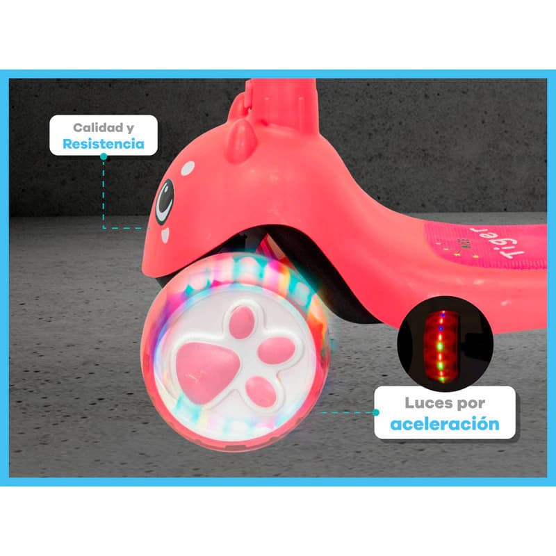Monopatín Infantil Con Luces Led Altura Regulable Diseño Animalitos T-go Tigre Rosa