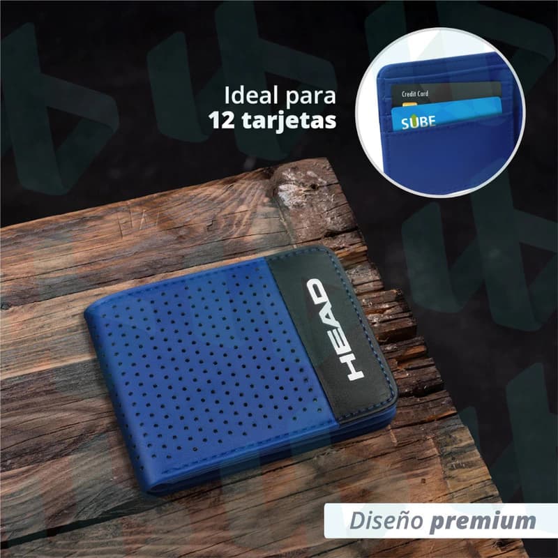 Billetera Head Cuero Ecológico PU Hombre Mujer Tarjetero 12 Ranuras — Azul 26878 / Liso