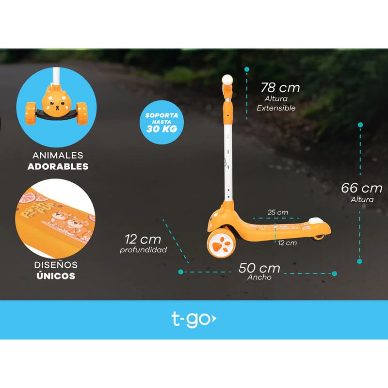 Monopatín Infantil con Luces LED T-Go Perrito — Altura Regulable 3 Ruedas