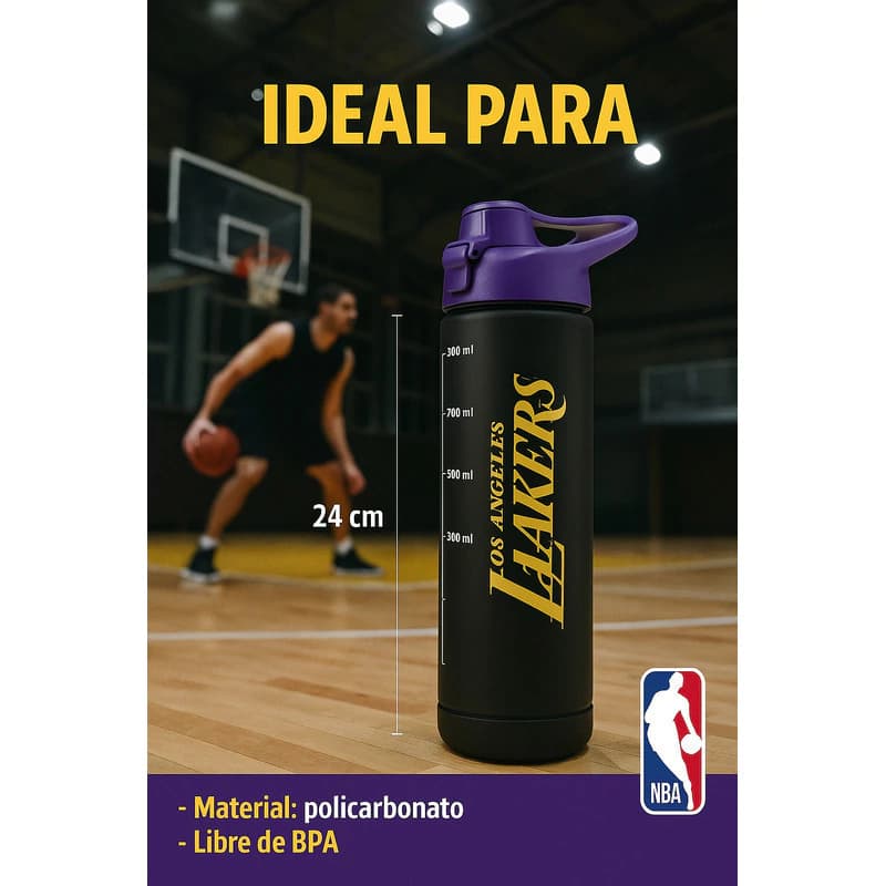 Botella Deportiva NBA 800ml Tapa Rebatible Libre de BPA con Medidor — Negro 16925