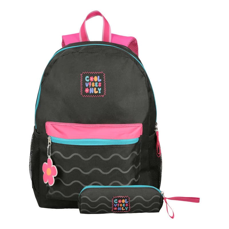 Mochila Escolar Bagcherry 18L con Cartuchera de Regalo | Tiras Air Mesh — Negro 440008 / Liso