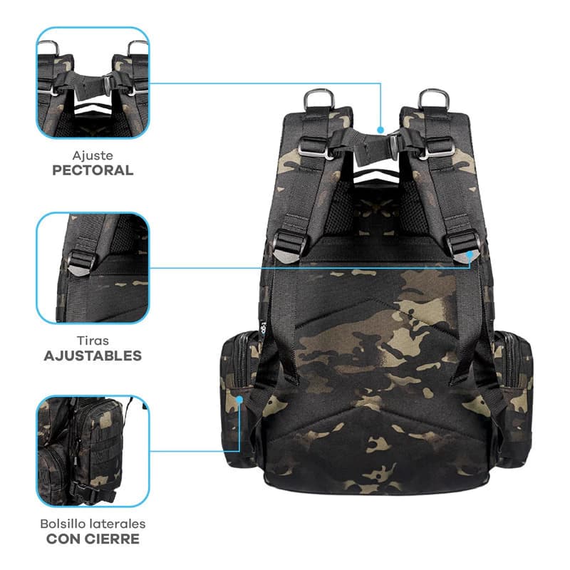 Mochila Táctica T-GO 30 L con Porta Notebook y Sistema MOLLE EB338 — Negro / COLOR