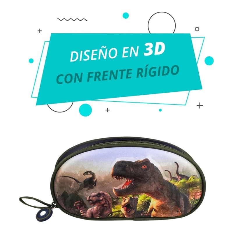 Cartuchera Escolar 3D Trendy T-Rex y Unicornio | Frente Rígido y Cierre Reforzado — 14965 Fucsia
