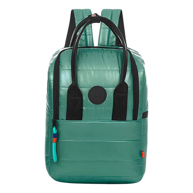 Mochila Urbana Trendy Símil Puffer Mujer 13L con Bolsillo para Notebook y Botellas — Verde / Liso