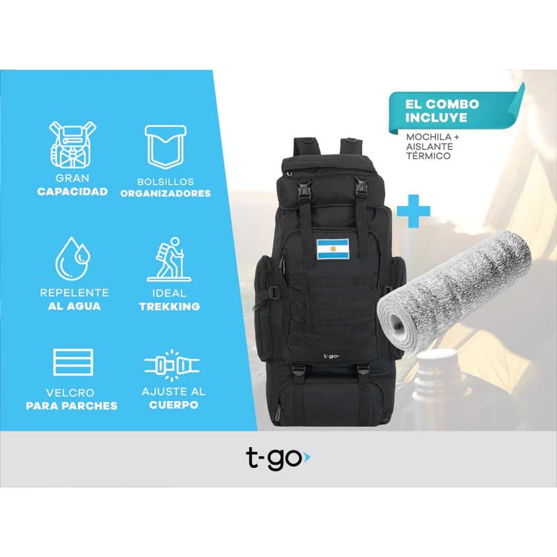 Mochila Mochilero Camping Trekking Senderismo Campamento Montaña 70 Litros + Regalo — Negro / Liso