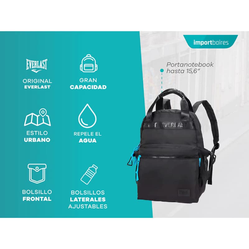 Mochila Everlast Porta Notebook 15,6" Urbana Mujer 21950 Repelente al Agua — Negro 21950 / Lisa