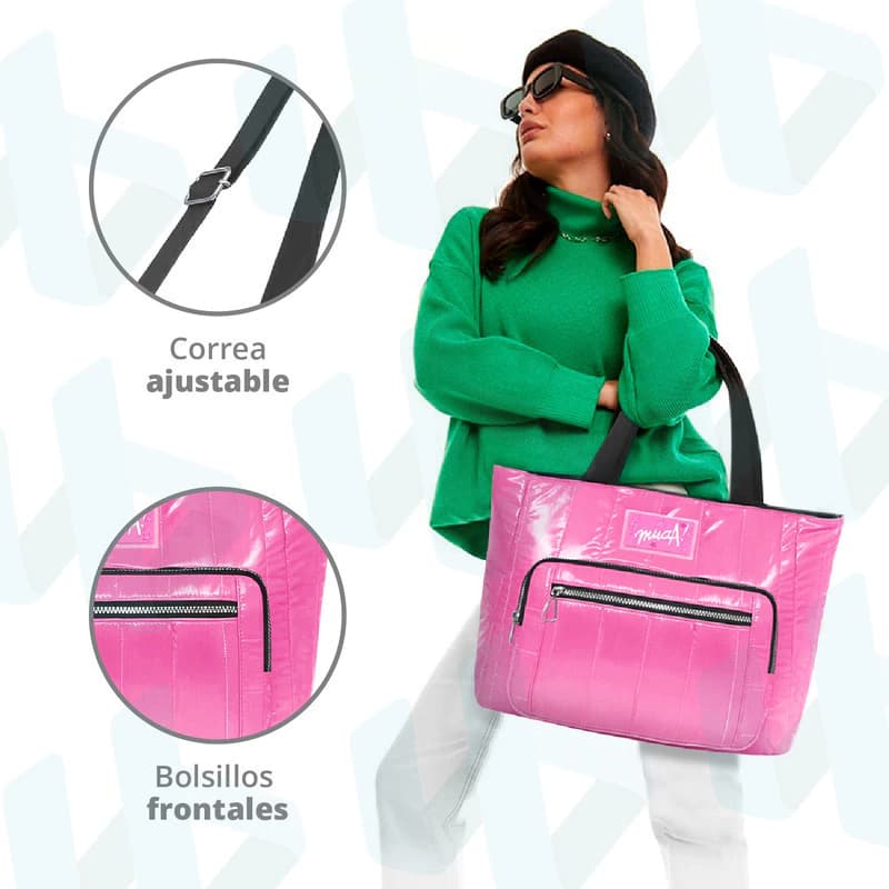 Bolso Cartera Muaa Símil Puffer Grande con Bolsillos — Estilo Urbano — Brillante / Negro 16383 / Negro