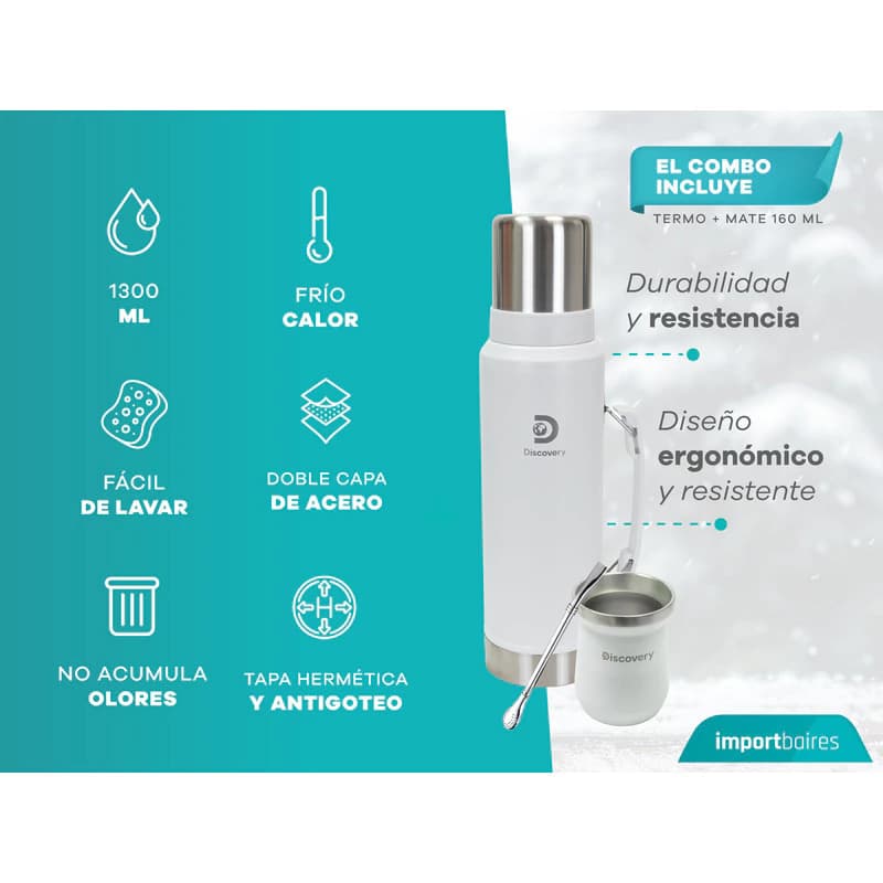 Kit Matero Discovery Adventure Termo 1,3 L Acero Inox + Mate Térmico + Bombilla — Rosa
