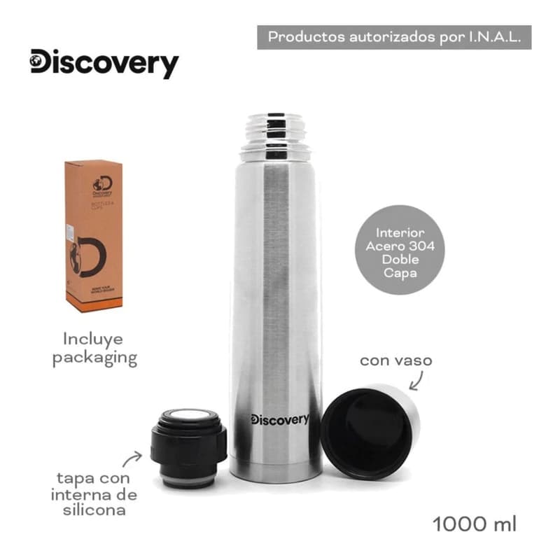 Termo Bala Discovery 1 Litro Acero Inoxidable Doble Capa · Caliente y Frío 12 h