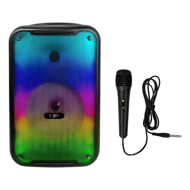 Parlante Portátil T-Go 8" Bluetooth con Micrófono, Luces LED y Radio FM – Karaoke incluido