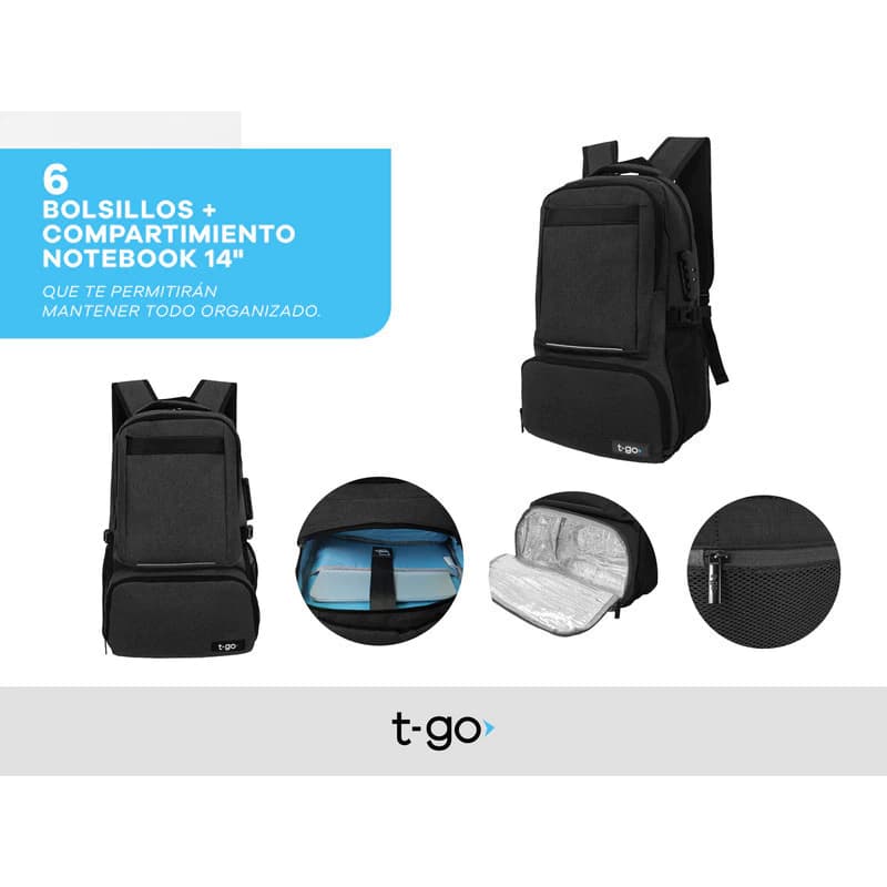 Mochila Urbana Porta Notebook con Candado y Bolsillo Térmico T-Go EB101 — Negro / Liso