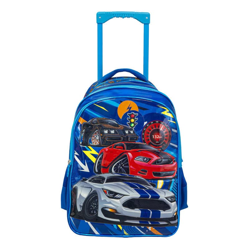 Mochila Escolar con Carrito T-Go QD16 18" | 37L, Base ABS y Ruedas de Silicona — Azul / Autos Deportivos