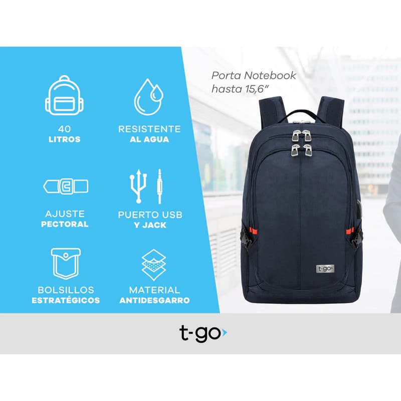 Mochila Ejecutiva T-Go AB339 Porta Notebook 15.6" USB 40L impermeable
