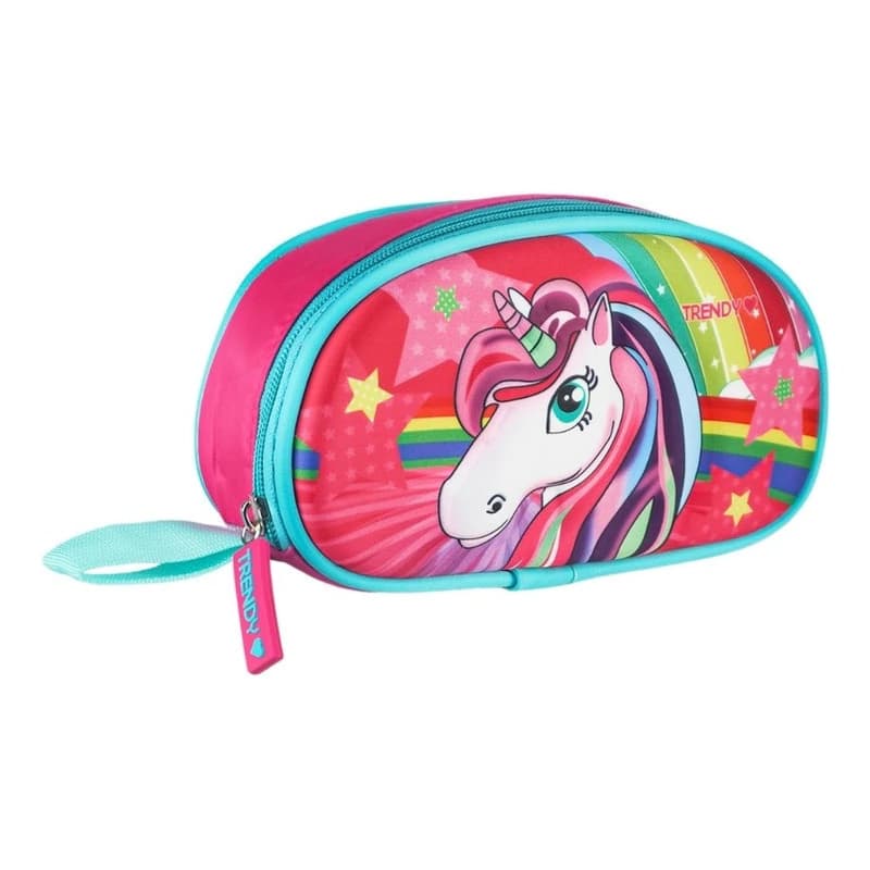 Cartuchera Escolar 3D Trendy T-Rex y Unicornio | Frente Rígido y Cierre Reforzado — 14967 Fucsia
