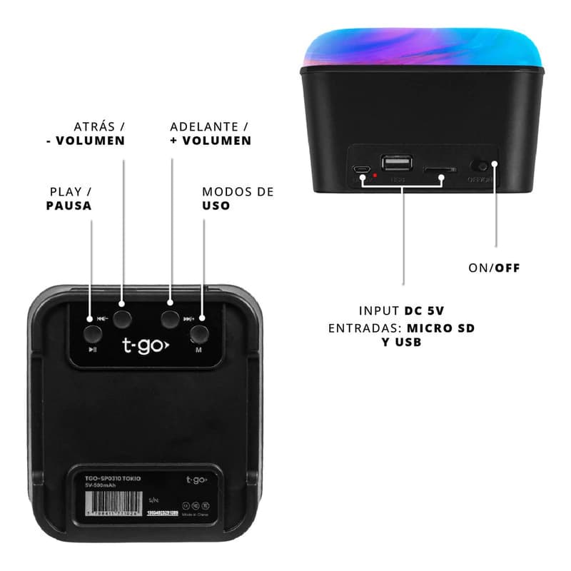 Parlante Bluetooth T-Go Tokio con Luces LED y Radio FM | Portátil