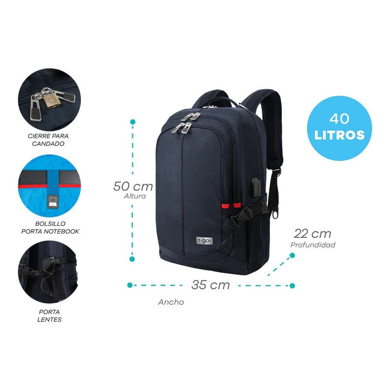 Mochila Ejecutiva T-Go AB339 Porta Notebook 15.6" USB 40L impermeable