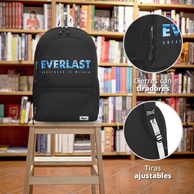 Mochila Everlast Urbana Escolar con Porta Notebook 15.6" — Tela Anti Desgarre — Negro 16271 / Liso