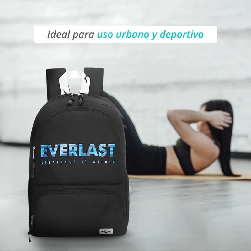 Mochila Everlast Urbana Escolar con Porta Notebook 15.6" — Tela Anti Desgarre — Negro 16271 / Liso