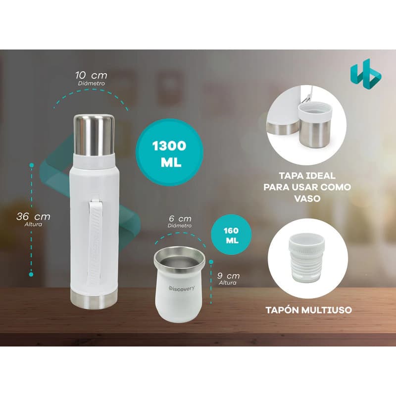Kit Matero Discovery Adventure Termo 1.3 L + Mate Térmico Acero Inoxidable sin BPA — Blanco