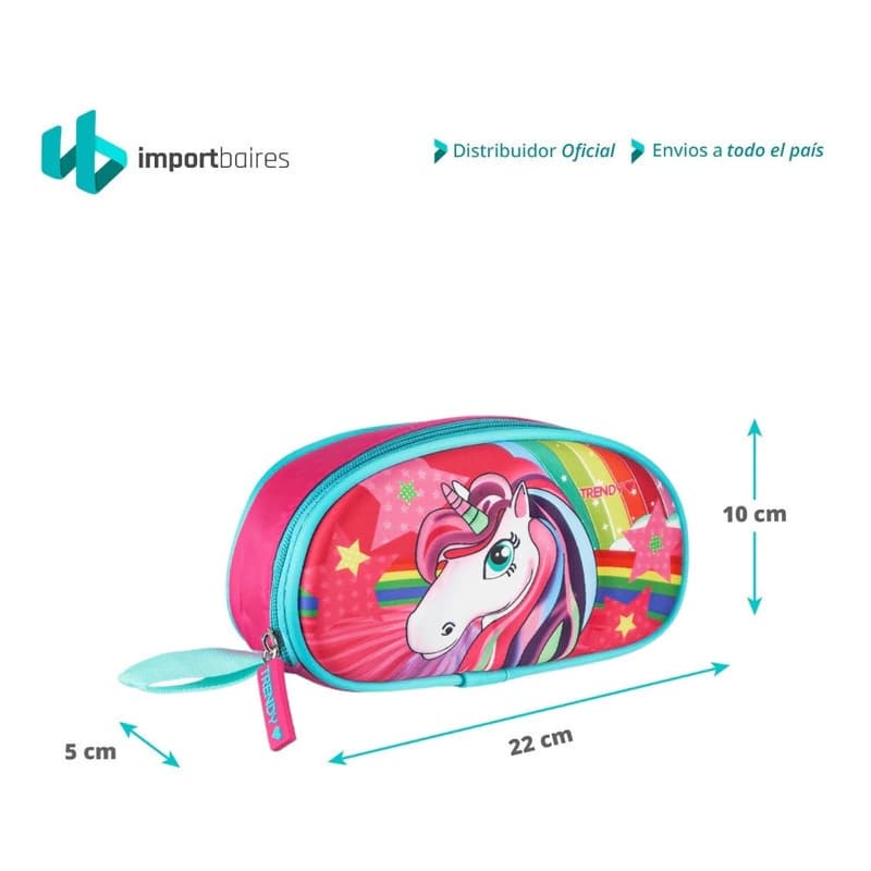 Cartuchera Escolar 3D Trendy T-Rex y Unicornio | Frente Rígido y Cierre Reforzado — 14965 Fucsia