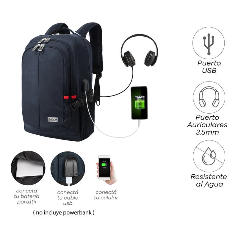 Mochila Ejecutiva T-Go AB339 Porta Notebook 15.6" USB 40L impermeable