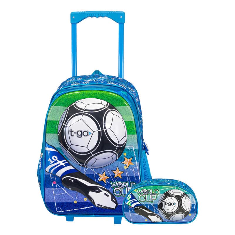 Mochila Carrito Escolar con Cartuchera T-Go diseño 3D niños 24L — Azul Pelota / Liso