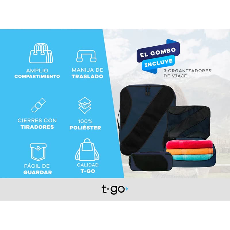 Set Organizadores de Valija T-Go Premium 3 Piezas x2 Unidades — Rosa con Negro