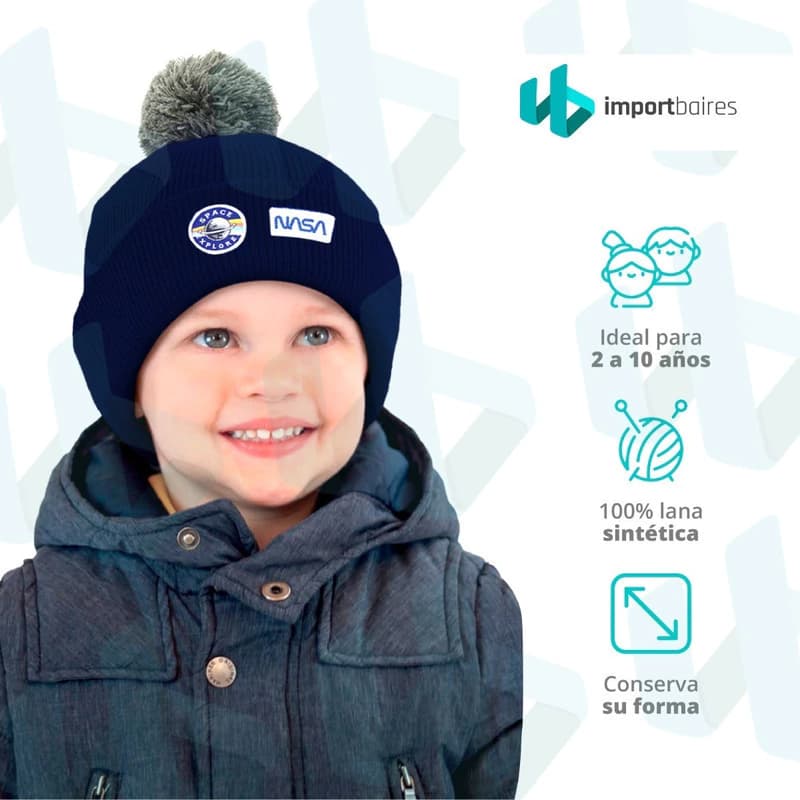 Set Gorro con Pompón + Guantes Niños N.A.S.A — Acrílico abrigado 2 a 10 años — Azul oscuro