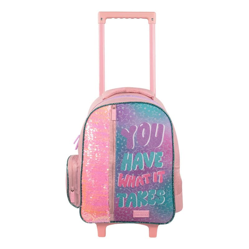 Mochila Escolar con Carrito 3D 15" Trendy | Ruedas Silicona Jardín y Primaria — Rosa / Lentejuelas