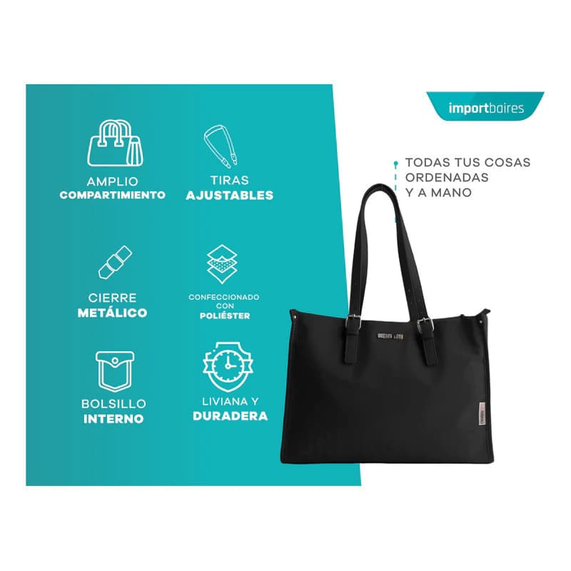Cartera Bolso Tote Bag Grande Eco Cuero Con Cierre Mujer — Níquel / Negro / Negro