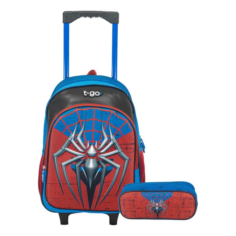 Mochila Carrito Escolar con Cartuchera T-Go diseño 3D niños 24L — Azul araña / Liso