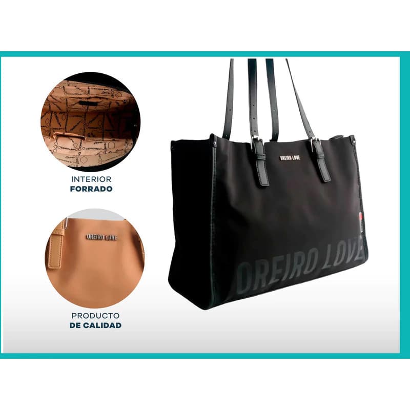Cartera Bolso Tote Bag Grande Eco Cuero Con Cierre Mujer — Níquel / Negro / Negro