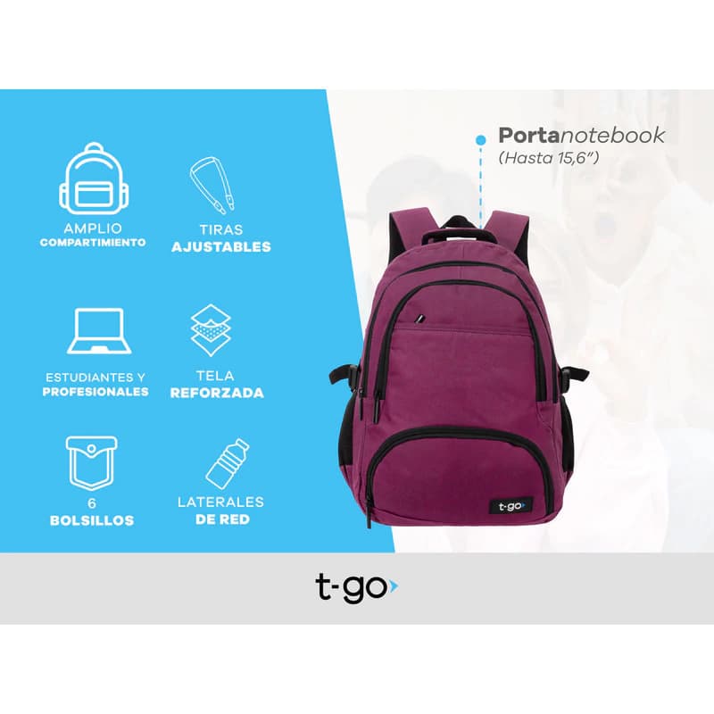 Mochila Porta Notebook 15,6" T-GO Eb66 Liviana, urbana, de oficina — Negro / Liso
