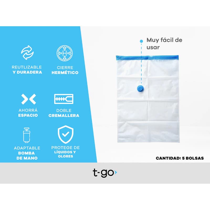 Bolsas al Vacío T-Go 60x80 cm Reutilizables x5 — Guardá más, ocupá menos