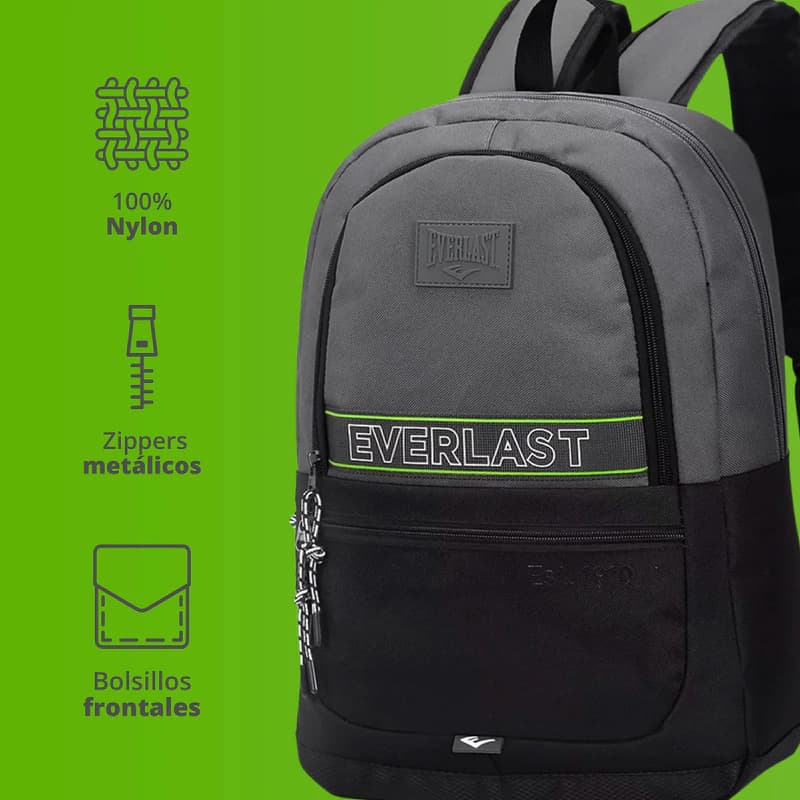 Mochila Everlast Urbana Porta Notebook 15,6" — 20 L, Nylon, 4 Bolsillos — Negro con gris / Liso