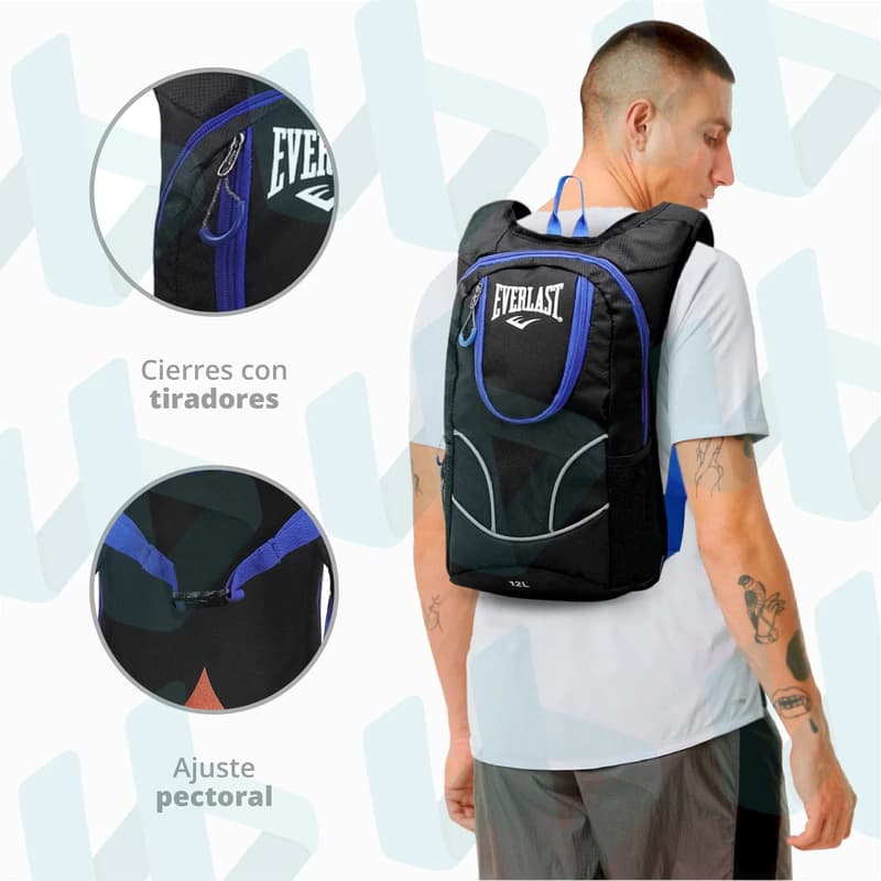 Mochila Running Everlast 12L ultraliviana con salida hidratación trekking — Negro / Liso
