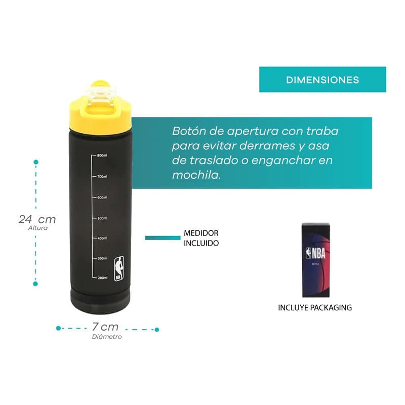 Botella Deportiva NBA 800ml Tapa Rebatible Libre de BPA con Medidor — Negro 16925