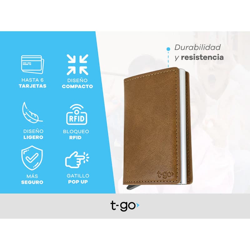 Porta Tarjetas T-Go WL405 con RFID y Pop Up | Metal y Ecocuero — Marrón