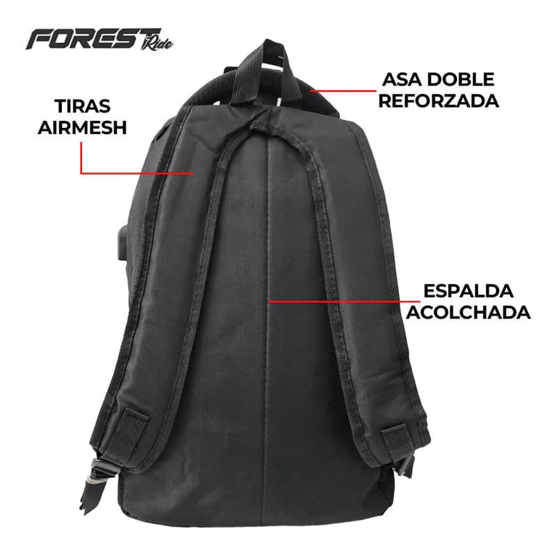 Mochila Porta Notebook Forest Ride con Puerto USB | 30 L | Impermeable | Negro
