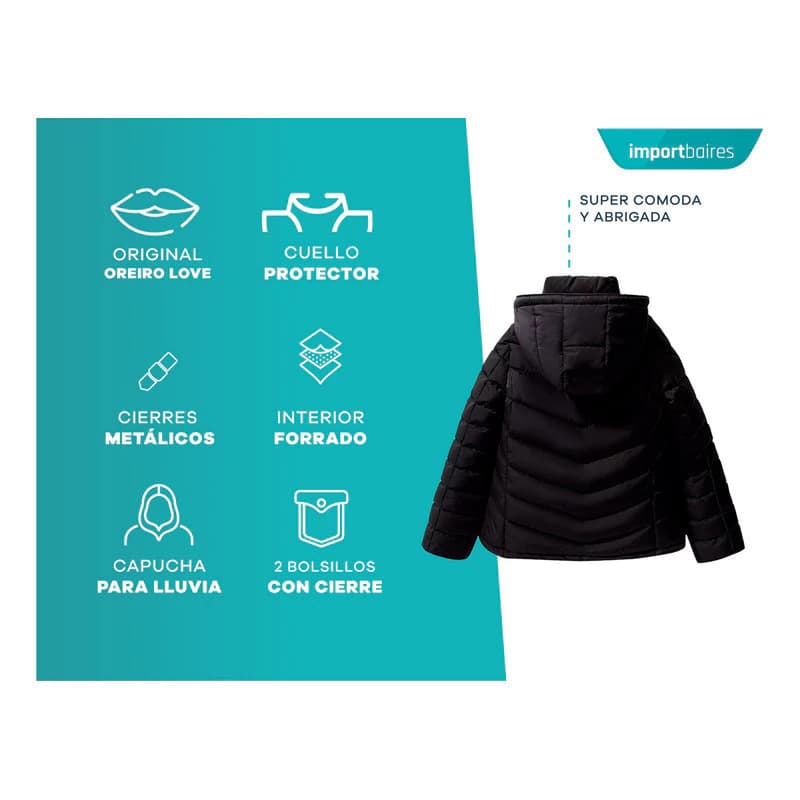 Campera Puffer | Impermeable con Capucha | Oreiro Love — Negro / Lisa / S
