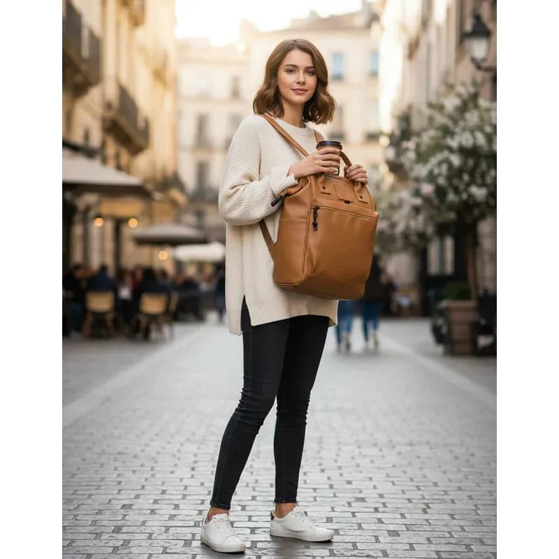 Mochila Simil Cuero Eco Cuero Pu Reforzada Urbana Mujer — Marrón claro / Liso