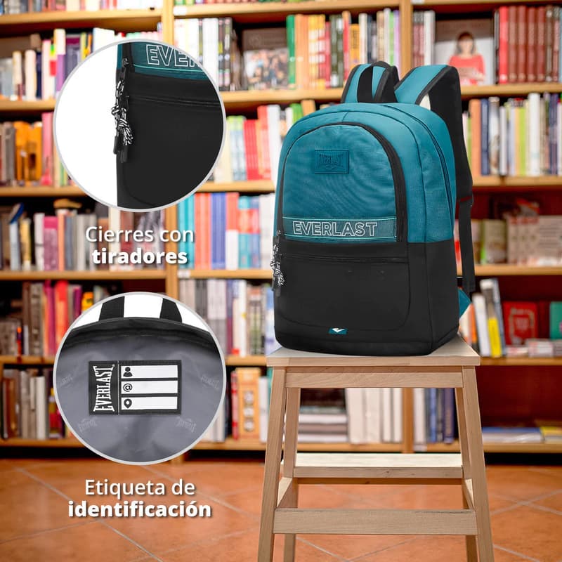Mochila Everlast Urbana Porta Notebook 15,6" — 20 L, Nylon, 4 Bolsillos — Negro con gris / Liso