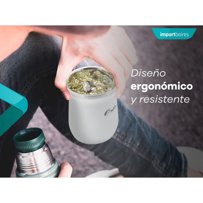 Set Matero Outdoors Termo 1L + Mate Mug + Bombilla Acero Inoxidable sin BPA — Blanco