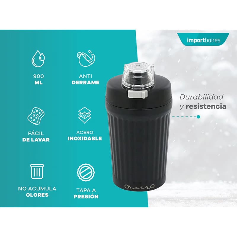 Vaso Térmico Oreiro Love 600 ml Acero Inoxidable con Correa y Pulsador — Azul petróleo / Liso