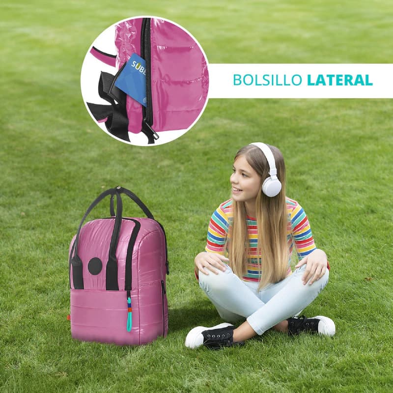 Mochila Urbana Trendy Símil Puffer 13L con Bolsillo para Termo y Notebook — Rosa chicle / Liso