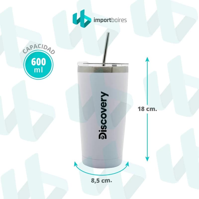 Vaso Térmico Discovery 600 ml Acero Inox Doble Pared con Tapa y Sorbete Metal — Blanco / Con sorbete y tapa