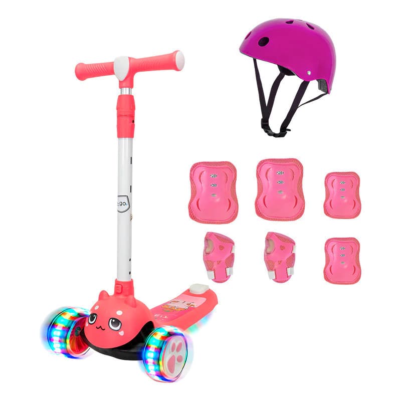 Monopatín 3 Ruedas T-Go SCO0331 con Luces LED + Casco y Protecciones — Niños 3 a 8 años — Rosa