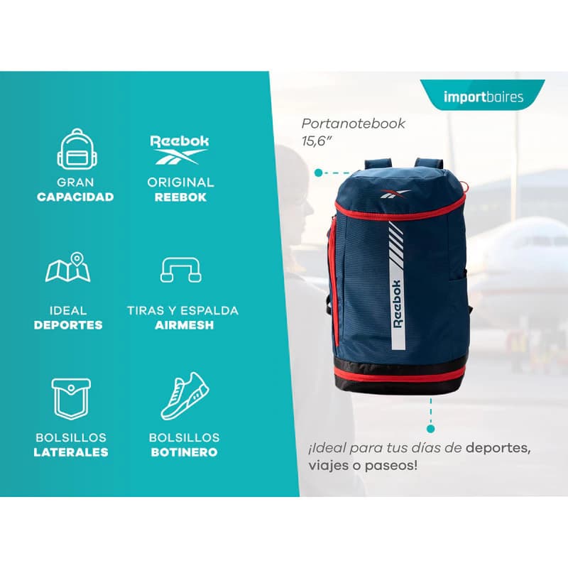 Mochila Deportiva Reebok 36L con Compartimento Notebook 15,6" Unisex — Negro 60039 / Liso