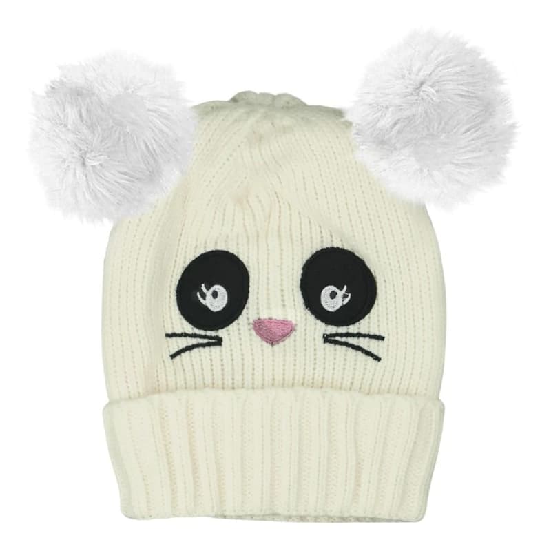 Gorro Lana Nena Doble Pompón Polar Interno Trendy – Abrigado y Adorable — Blanco Gatito / Único