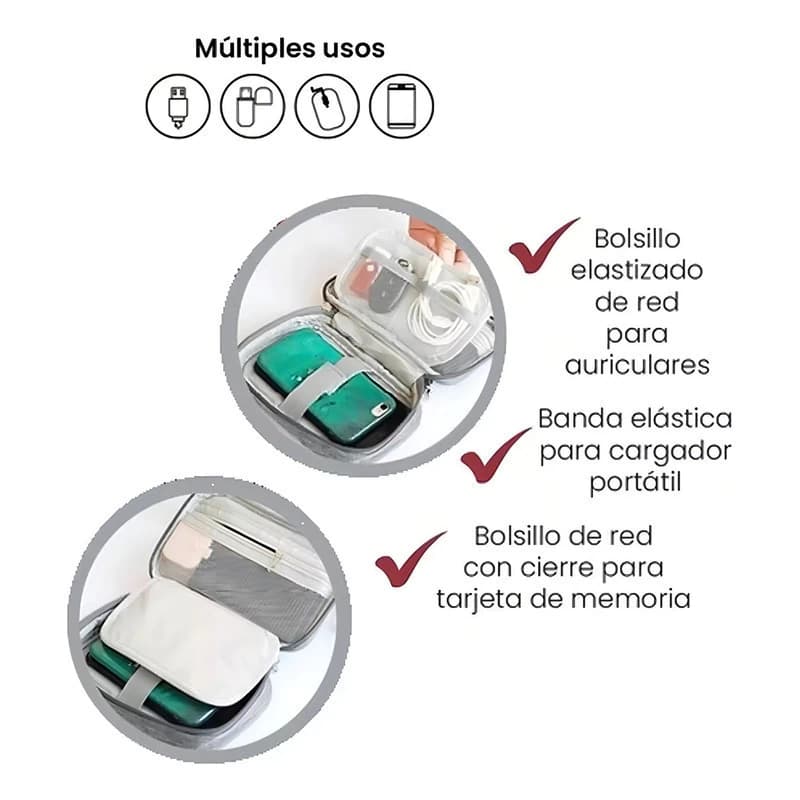 Organizador de Cables de Viaje Discovery Cuero PU Gris | Liviano y Compacto